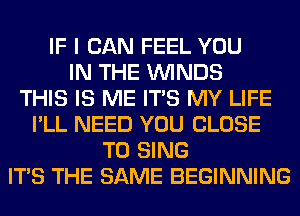 IF I CAN FEEL YOU
IN THE WINDS
THIS IS ME ITS MY LIFE
I'LL NEED YOU CLOSE
TO SING
ITS THE SAME BEGINNING