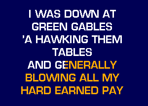 I WAS DOWN AT
GREEN GABLES
'A HAWKINS THEM
TABLES
AND GENERALLY
BLOWNG ALL MY
HARD EARNED PAY