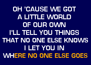 0H 'CAUSE WE GOT
A LITTLE WORLD
OF OUR OWN

I'LL TELL YOU THINGS
THAT NO ONE ELSE KNOWS

I LET YOU IN
VUHERE NO ONE ELSE GOES