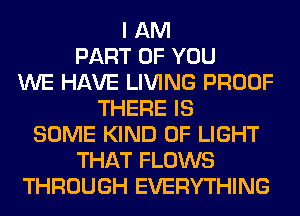 I AM
PART OF YOU
WE HAVE LIVING PROOF
THERE IS
SOME KIND OF LIGHT
THAT FLOWS
THROUGH EVERYTHING