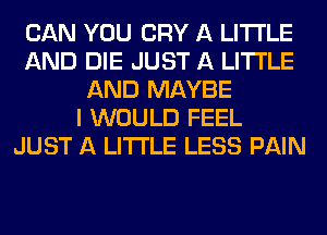 CAN YOU CRY A LITTLE
AND DIE JUST A LITTLE
AND MAYBE
I WOULD FEEL
JUST A LITTLE LESS PAIN
