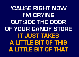 'CAUSE RIGHT NOW
I'M CRYING
OUTSIDE THE DOOR
OF YOUR CANDY STORE
IT JUST TAKES
A LITTLE BIT OF THIS
A LITTLE BIT OF THAT