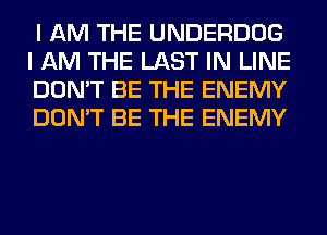 I AM THE UNDERDOG
I AM THE LAST IN LINE
DON'T BE THE ENEMY
DON'T BE THE ENEMY