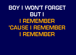 BOY I WON'T FORGET
BUT I
I REMEMBER
'CAUSE I REMEMBER
I REMEMBER