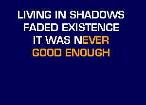 LIVING IN SHADOWS
FADED EXISTENCE
IT WAS NEVER
GOOD ENOUGH