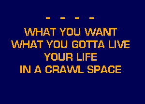 WHAT YOU WANT
WHAT YOU GOTTA LIVE

YOUR LIFE
IN A CRAWL SPACE