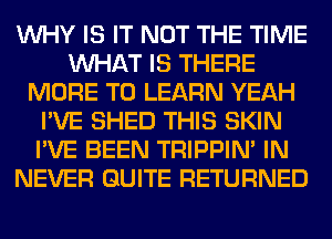 WHY IS IT NOT THE TIME
WHAT IS THERE
MORE TO LEARN YEAH
I'VE SHED THIS SKIN
I'VE BEEN TRIPPIN' IN
NEVER QUITE RETURNED