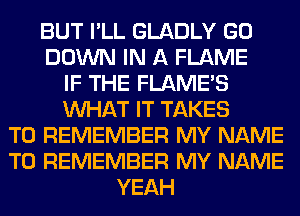 BUT I'LL GLADLY GO
DOWN IN A FLAME
IF THE FLAMES
WHAT IT TAKES
TO REMEMBER MY NAME
TO REMEMBER MY NAME
YEAH