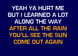 YEAH YA HURT ME
BUT I LEARNED A LOT
ALONG THE WAY
AFTER ALL THE RAIN
YOU'LL SEE THE SUN
COME OUT AGAIN