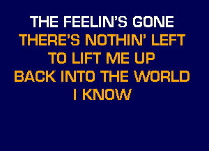 THE FEELIMS GONE
THERE'S NOTHIN' LEFT
T0 LIFT ME UP
BACK INTO THE WORLD
I KNOW