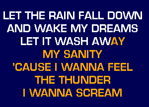 LET THE RAIN FALL DOWN
AND WAKE MY DREAMS
LET IT WASH AWAY
MY SANITY
'CAUSE I WANNA FEEL
THE THUNDER
I WANNA SCREAM