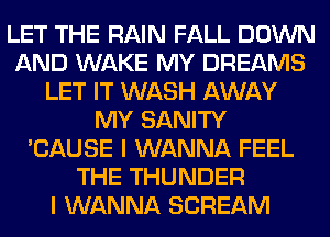 LET THE RAIN FALL DOWN
AND WAKE MY DREAMS
LET IT WASH AWAY
MY SANITY
'CAUSE I WANNA FEEL
THE THUNDER
I WANNA SCREAM