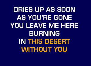 DRIES UP AS SOON
AS YOU'RE GONE
YOU LEAVE ME HERE
BURNING
IN THIS DESERT
WITHOUT YOU