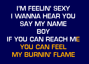 I'M FEELIM SEXY
I WANNA HEAR YOU
SAY MY NAME
BOY
IF YOU CAN REACH ME
YOU CAN FEEL
MY BURNIN' FLAME