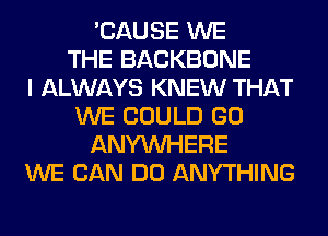 'CAUSE WE
THE BACKBONE
I ALWAYS KNEW THAT
WE COULD GO
ANYMIHERE
WE CAN DO ANYTHING