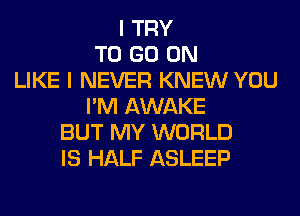 I TRY
TO GO ON
LIKE I NEVER KNEW YOU
I'M AWAKE
BUT MY WORLD
IS HALF ASLEEP