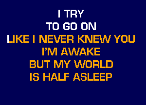 I TRY
TO GO ON
LIKE I NEVER KNEW YOU
I'M AWAKE
BUT MY WORLD
IS HALF ASLEEP