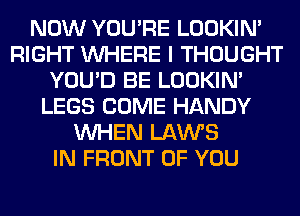 NOW YOU'RE LOOKIN'
RIGHT WHERE I THOUGHT
YOU'D BE LOOKIN'
LEGS COME HANDY
WHEN LAWS
IN FRONT OF YOU