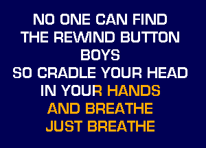 NO ONE CAN FIND
THE REINlND BUTTON
BOYS
SO CRADLE YOUR HEAD
IN YOUR HANDS
AND BREATHE
JUST BREATHE