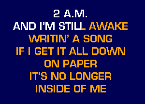 2 AM.
AND I'M STILL AWAKE
WRITIN' A SONG
IF I GET IT ALL DOWN
ON PAPER
ITS NO LONGER
INSIDE OF ME