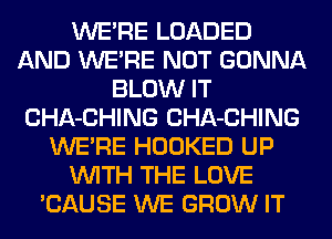 WERE LOADED
AND WERE NOT GONNA
BLOW IT
CHA-CHING CHA-CHING
WERE HOOKED UP
WITH THE LOVE
'CAUSE WE GROW IT