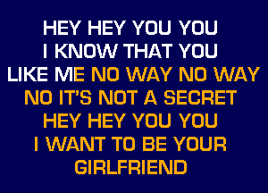HEY HEY YOU YOU
I KNOW THAT YOU
LIKE ME NO WAY NO WAY
N0 ITS NOT A SECRET
HEY HEY YOU YOU
I WANT TO BE YOUR
GIRLFRIEND