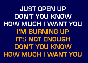 JUST OPEN UP
DON'T YOU KNOW
HOW MUCH I WANT YOU
I'M BURNING UP
ITS NOT ENOUGH
DON'T YOU KNOW
HOW MUCH I WANT YOU