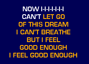 NOW I-I-I-I-l-I-I
CANIT LET GO
OF THIS DREAM
I CANT BREATHE
BUT I FEEL
GOOD ENOUGH
I FEEL GOOD ENOUGH