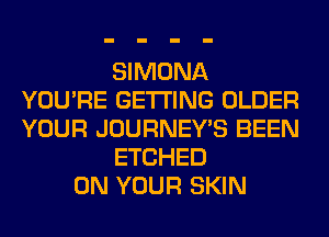 SIMONA
YOU'RE GETTING OLDER
YOUR JOURNEY'S BEEN

ETCHED

ON YOUR SKIN
