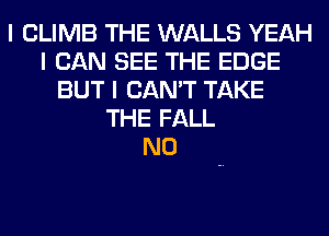 I CLIMB THE WALLS YEAH
I CAN SEE THE EDGE
BUT I CAN'T TAKE
THE FALL
N0