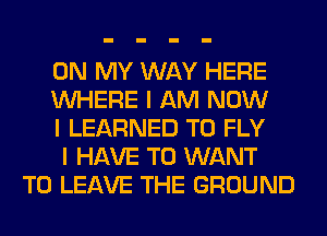 ON MY WAY HERE
INHERE I AM NOW
I LEARNED T0 FLY
I HAVE TO WANT
TO LEAVE THE GROUND