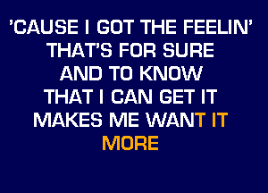 'CAUSE I GOT THE FEELIM
THAT'S FOR SURE
AND TO KNOW
THAT I CAN GET IT
MAKES ME WANT IT
MORE