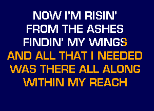NOW I'M RISIM
FROM THE ASHES
FINDIM MY WINGS

AND ALL THAT I NEEDED
WAS THERE ALL ALONG
WITHIN MY REACH