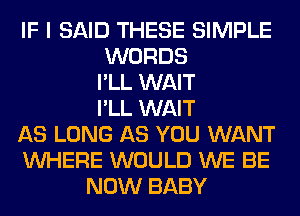 IF I SAID THESE SIMPLE
WORDS
I'LL WAIT
I'LL WAIT
AS LONG AS YOU WANT
WHERE WOULD WE BE
NOW BABY