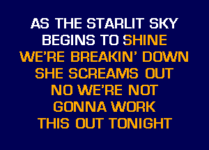 AS THE STARLIT SKY
BEGINS TU SHINE
WE'RE BREAKIN' DOWN
SHE SCREAMS OUT
NU WE'RE NOT
GONNA WORK
THIS OUT TONIGHT