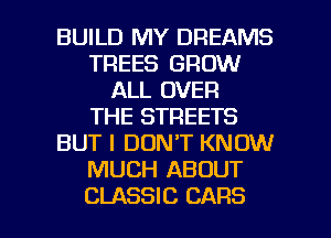 BUILD MY DREAMS
TREES GROW
ALL OVER
THE STREETS
BUT I DON'T KNOW
MUCH ABOUT

CLASSIC CARS l