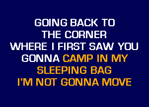 GOING BACK TO
THE CORNER
WHERE I FIRST SAW YOU
GONNA CAMP IN MY
SLEEPING BAG
I'M NOT GONNA MOVE