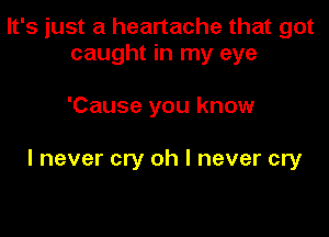 It's just a heartache that got
caught in my eye

'Cause you know

I never cry oh I never cry