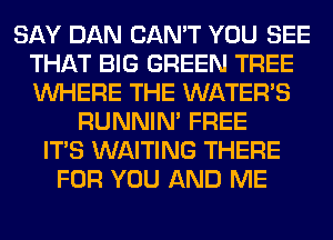 SAY DAN CAN'T YOU SEE
THAT BIG GREEN TREE
WHERE THE WATER'S

RUNNIN' FREE
ITS WAITING THERE
FOR YOU AND ME