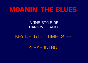 IN THE STYLE 0F
HANK WILLIAMS

KEY OF ((31 TIME 2188

4 BAR INTRO