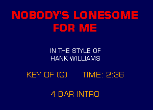 IN THE STYLE OF
HANK WILLIAMS

KEY OF (G) TIME 238

4 BAR INTRO