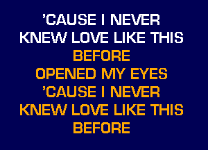 'CAUSE I NEVER
KNEW LOVE LIKE THIS
BEFORE
OPENED MY EYES
'CAUSE I NEVER
KNEW LOVE LIKE THIS
BEFORE