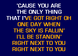 'CAUSE YOU ARE
THE ONLY THING
THAT I'VE GOT RIGHT OH
ONE DAY WHEN
THE SKY IS FALLIN'
I'LL BE STANDIN'
RIGHT NEXT TO YOU
RIGHT NEXT TO YOU