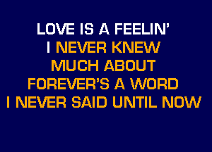 LOVE IS A FEELIM
I NEVER KNEW
MUCH ABOUT
FOREVER'S A WORD
I NEVER SAID UNTIL NOW