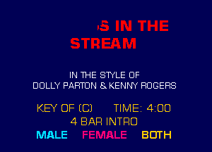 IN ME STYLE OF

DOLLY PAFTTDN 8 KENNY ROGERS

KEY OF (C) TIME

MALE

4 BAR INTRO

1 400

BOTH