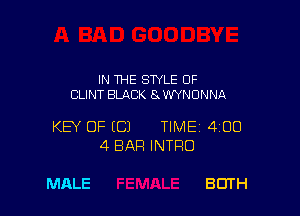 IN THE SWLE OF
CLINT BLACK 8 WYNONNA

KEY OF ECJ TIMEI 400
4 BAR INTRO

MALE BUTH