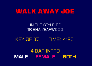IN THE STYLE OF
TRISHA YEAHWOOD

KEY OF ECJ TIMEI 420

4 BAR INTRO
MALE BUTH