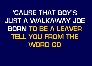 'CAUSE THAT BOY'S
JUST A WALKAWAY JOE
BORN TO BE A LEAVER
TELL YOU FROM THE
WORD GO 