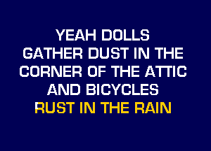 YEAH DOLLS
GATHER DUST IN THE
CORNER OF THE ATTIC

AND BICYCLES
RUST IN THE RAIN