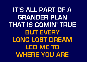 ITS ALL PART OF A
GRANDER PLAN
THAT IS COMIM TRUE

' BUT EVERY
LONG LOST DREAM
LED ME TO
WHERE YOU ARE